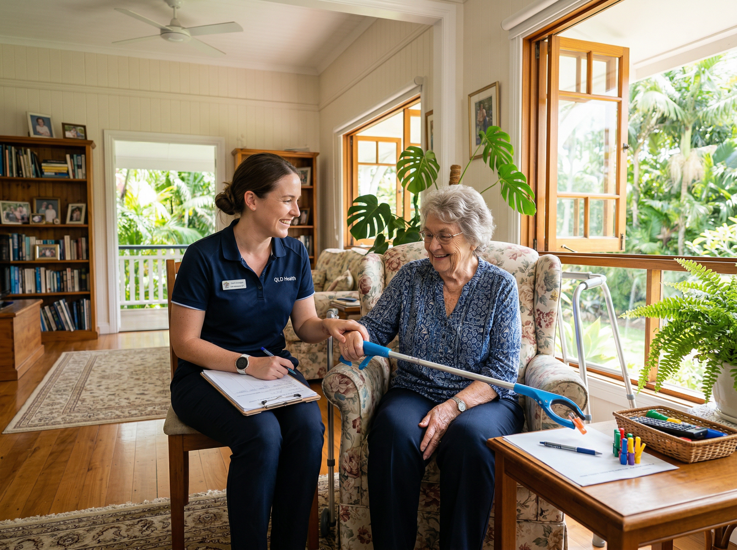 Occupational therapist assessing an elderly woman in her Queensland home