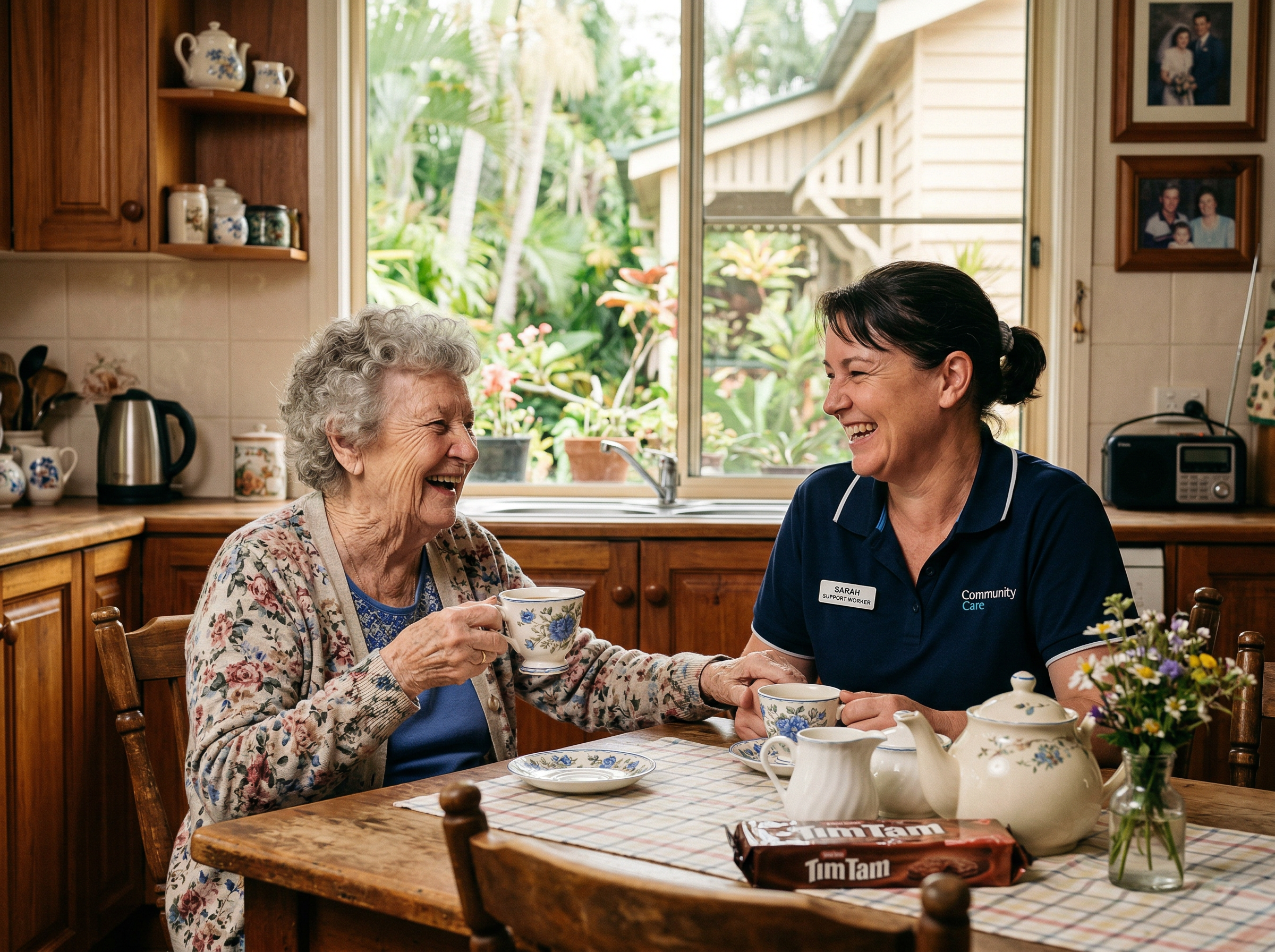 Support worker and elderly woman sharing tea and laughter at a kitchen table